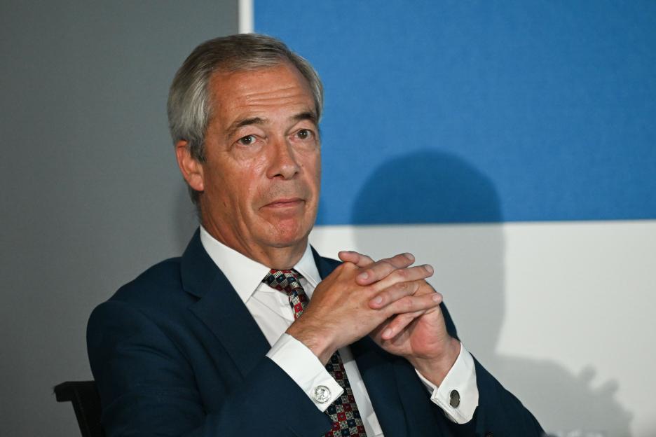 Photo of Nigel Farage at a press conference.