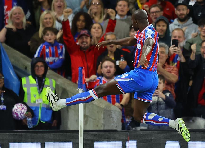 Jean-Philippe Mateta of Crystal Palace celebrates scoring a goal.