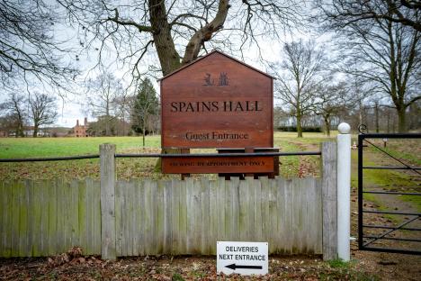 Spains Hall guest entrance sign; viewing by appointment only. Deliveries next entrance.