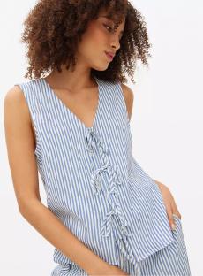 Woman wearing blue and white striped sleeveless top and matching pants.