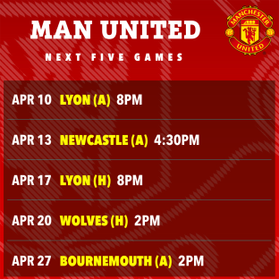 Manchester United's next five games schedule.