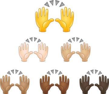 Illustration of hands raised in celebration, shown in various skin tones.