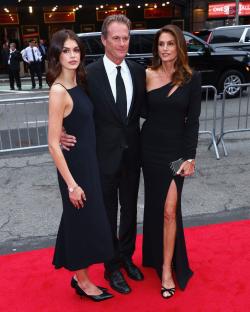 Kaia Gerber, Cindy Crawford, and Rande Gerber at a Broadway show opening.