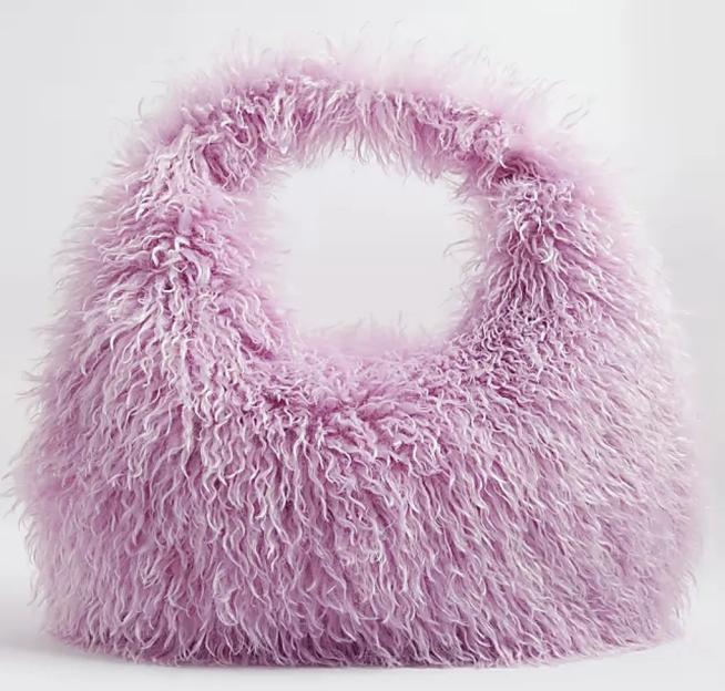 Lavender fuzzy handbag.