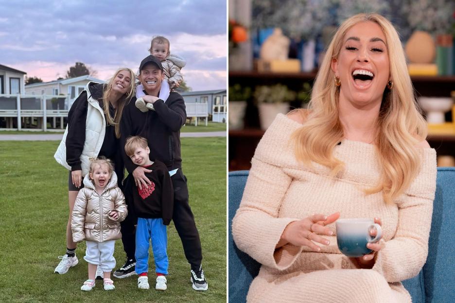 An image collage containing 2 images, Image 1 shows Stacey Solomon with Joe Swash and their three children in a field in front of holiday homes, Image 2 shows Stacey Solomon laughing on the set of 'This Morning' TV show