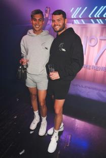 Junaid Ahmed and Joe Blackman at a pyjama-themed party.