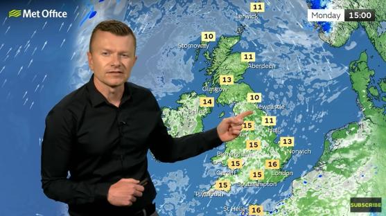 Weather forecast map of the UK with temperatures.