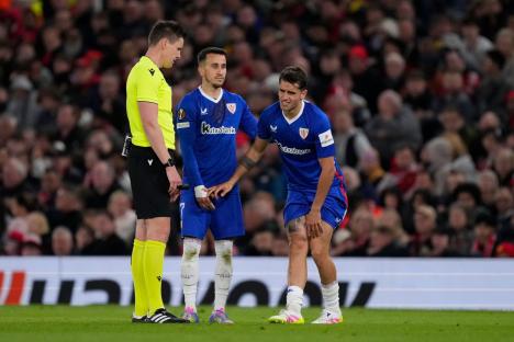 RESTRICTED TO EDITORIAL USE Mandatory Credit: Photo by Jose Breton/NurPhoto/Shutterstock (15290389bs) Be¿at Prados central midfield of Athletic Club and Spain injured during the UEFA Europa League 2024/25 Semi Final Second Leg match between Manchester United and Athletic Club at Old Trafford on May 8, 2025 in Manchester, United Kingdom. Manchester United v Athletic Club - UEFA Europa League 2024/25 Semi Final Second Leg, United Kingdom - 08 May 2025