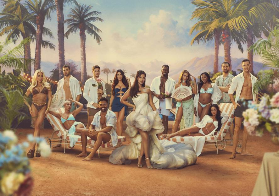 Love Island All Stars cast members in a tropical setting.