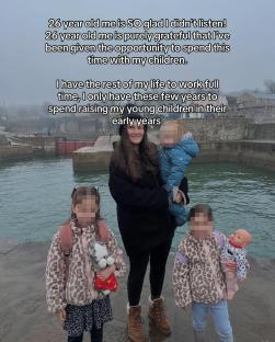 Photo of a young mother with her three young children by the water.
