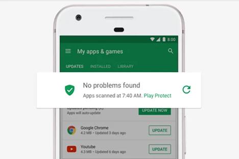 Smartphone displaying Play Protect security scan results: no problems found.
