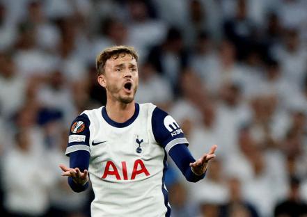 James Maddison of Tottenham Hotspur reacting during a soccer match.