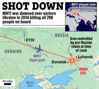 Map showing the flight path of MH17 and the crash site in eastern Ukraine.