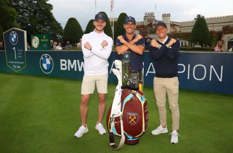 Billy Horschel with West Ham United players Declan Rice and Mark Noble at the BMW PGA Championship.