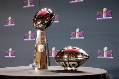 LAS VEGAS, NEVADA - FEBRUARY 12: A general view of The Vince Lombardi Trophy and The Pete Rozelle Trophy during the Super Bowl Winning Team Head Coach and MVP Press Conference at the Mandalay Bay North Convention Center on February 12, 2024 in Las Vegas, Nevada. (Photo by Don Juan Moore/Getty Images)