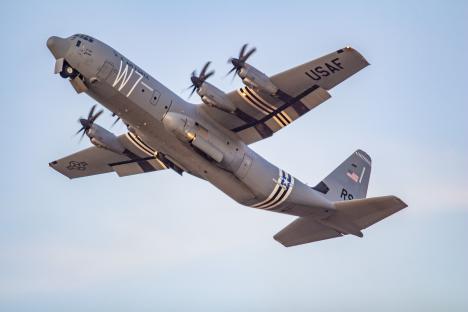 US Air Force C-130J Super Hercules aircraft in flight.