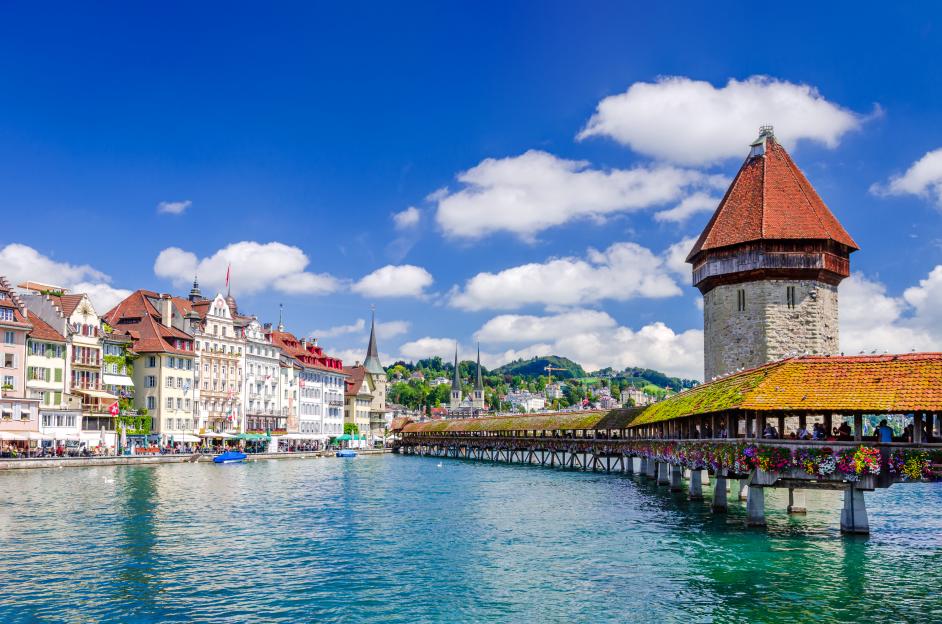 Chapel Bridge and Water Tower in Lucerne, Switzerland.