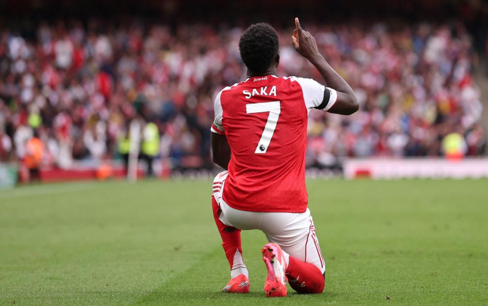 Arsenal's Bukayo Saka celebrating a goal.