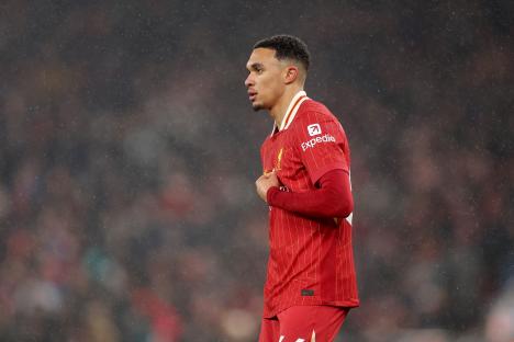 Trent Alexander-Arnold of Liverpool reacts during a Premier League match.