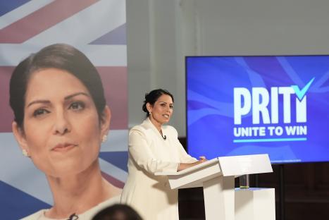 Priti Patel speaking at a Conservative Party leadership campaign event.