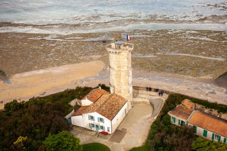 Aerial view of the Vieille Tour des Baleines lighthouse on Ile de Re, France.