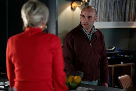 Still image from EastEnders episode 7126 featuring Roland Manookian as Teddy Mitchell and Laura Doddinton as Nicola.