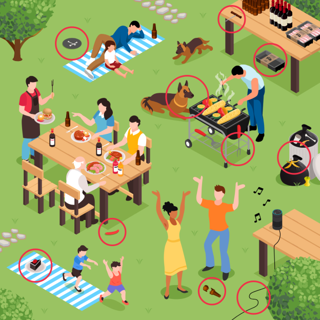 Illustration of a family having a barbecue in a park.