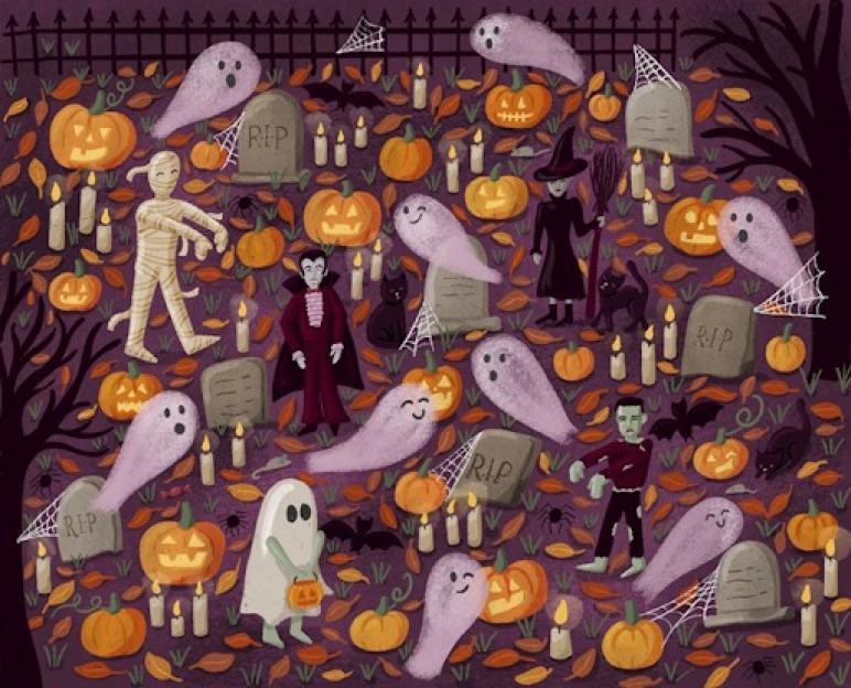 Illustration of a Halloween brainteaser with pumpkins, ghosts, tombstones, and costumed characters.