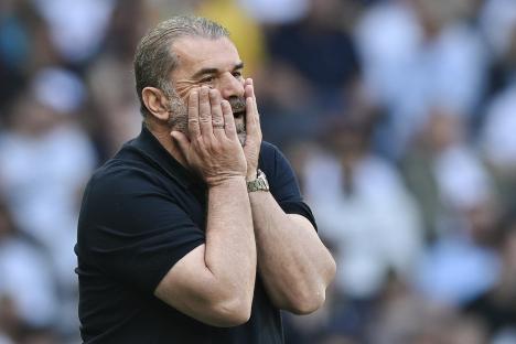 Ange Postecoglou, Tottenham Hotspur manager, coaching during a soccer match.