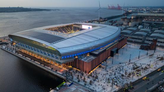 Aerial view of Bramley Moore Dock stadium in Liverpool, England, before a friendly match.