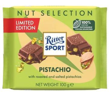 Ritter Sport pistachio chocolate bar with roasted and salted pistachios.