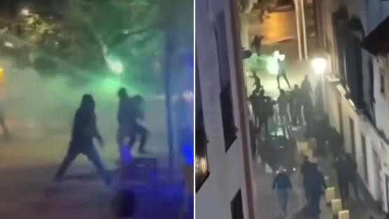 Real Betis and Fiorentina fans clash before Euro semi-final as supporters are attacked with FIREWORK GUN and chairs fly