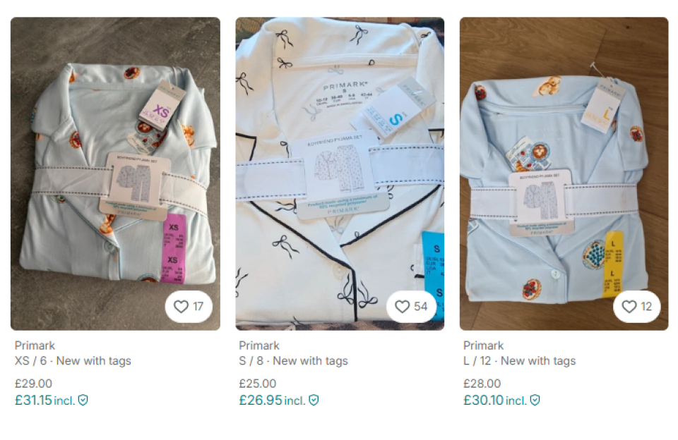 Collage of three Primark pajama sets in different sizes and patterns.