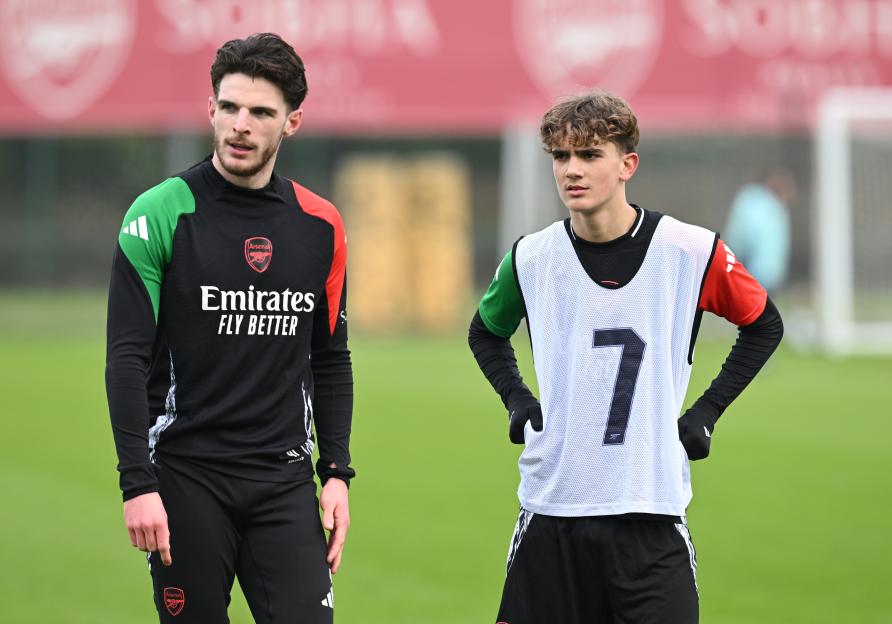 Declan Rice and Max Dowman of Arsenal at training.