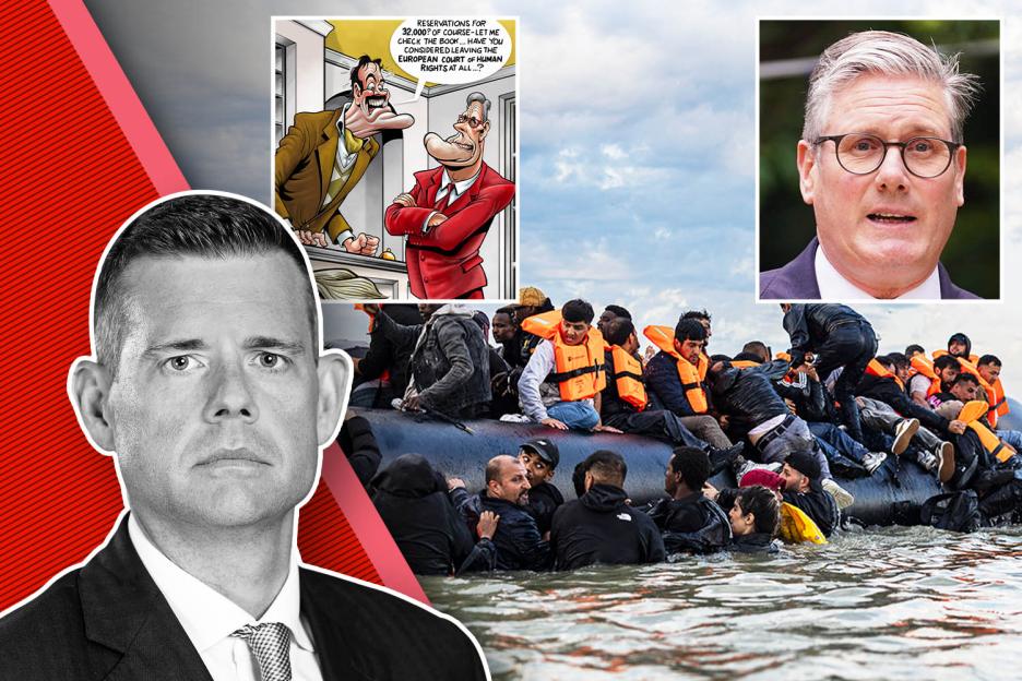 Collage of Keir Starmer, a political cartoon, and migrants on a boat.