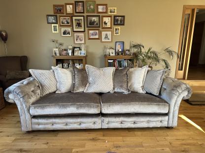 Silver velvet sofa with patterned throw pillows.