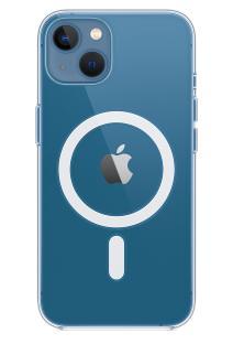 iPhone 13 in a clear case with MagSafe charger.