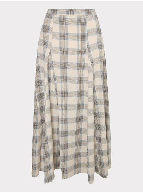 Cream-colored midi skirt with brown and blue plaid pattern.