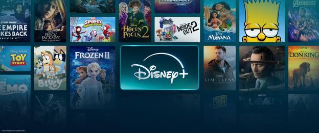 Disney+ interface showing a variety of movies and shows.
