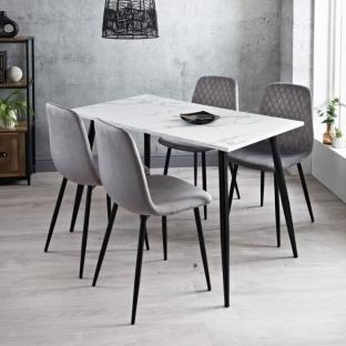 Zurich 5-piece dining set with white marble table and grey velvet chairs.