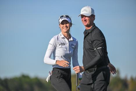 Nelly Korda hugging her father, Petr Korda, at a golf tournament.