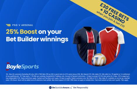 PSG vs Arsenal: Get £30 in free bets and £10 casino bonus with BoyleSports, plus 25% boost on your winnings