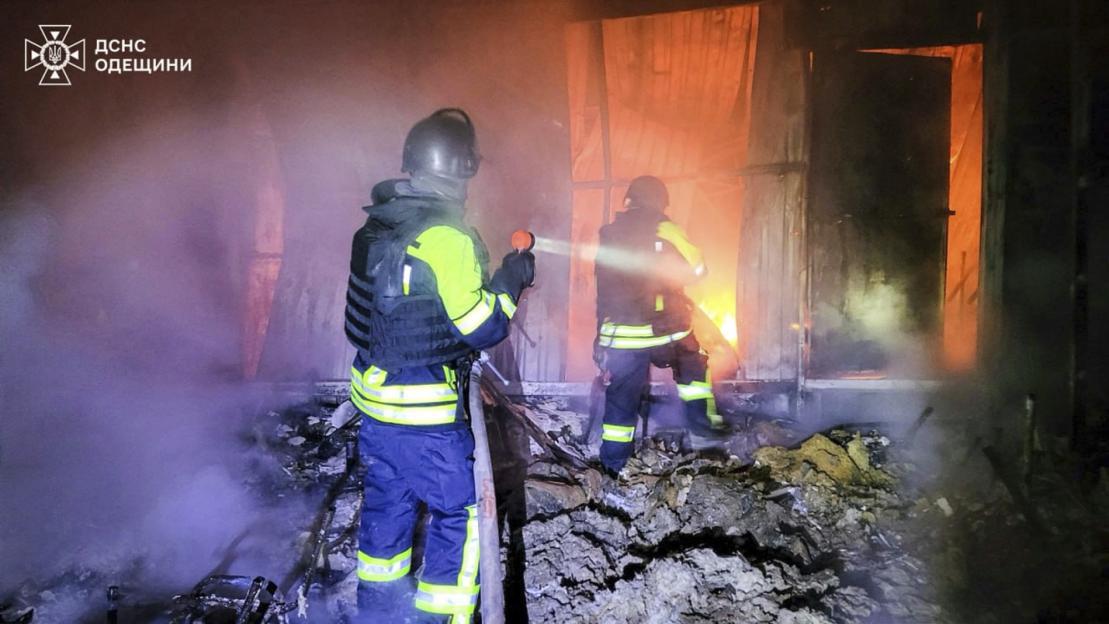 Firefighters putting out a fire following a Russian missile attack in Tatarbunary, Odesa region, Ukraine.