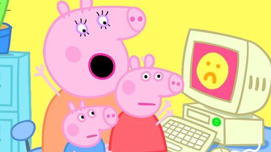 Illustration of Mummy Pig and her piglets looking at a computer screen displaying a sad face.
