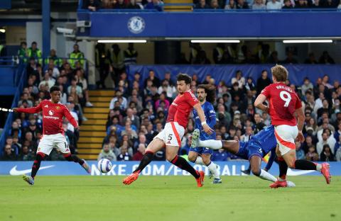 Harry Maguire of Manchester United attempting a goal during a soccer match.