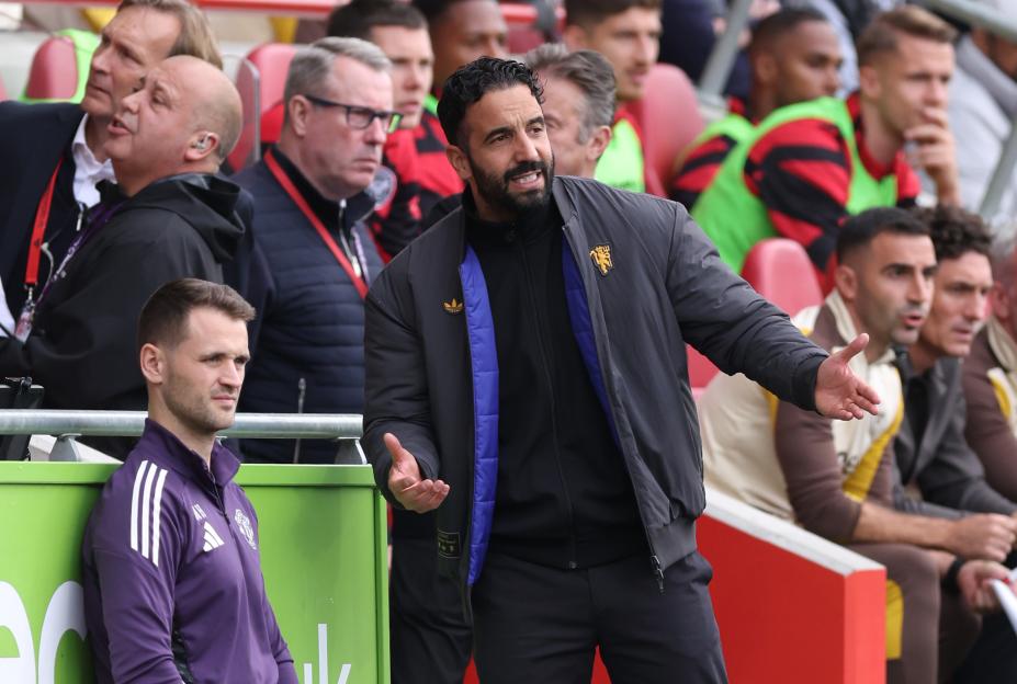 Manchester United head coach/manager Ruben Amorim gesturing on the sidelines.