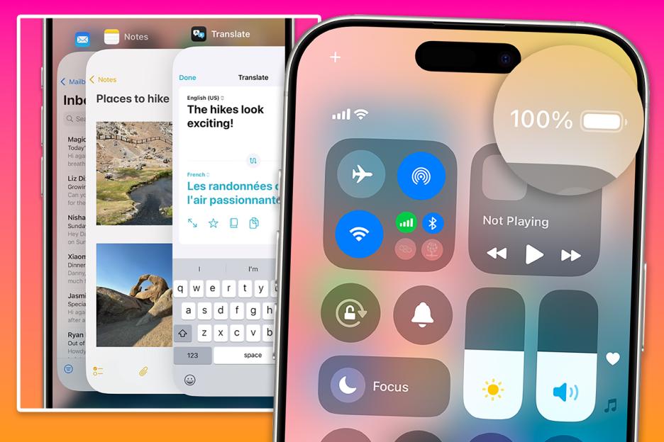 iPhone screen showing notes app, translation app, control center, and 100% battery.