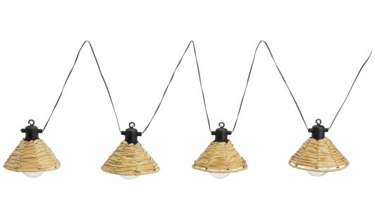 Solar string lights with four rattan shades.