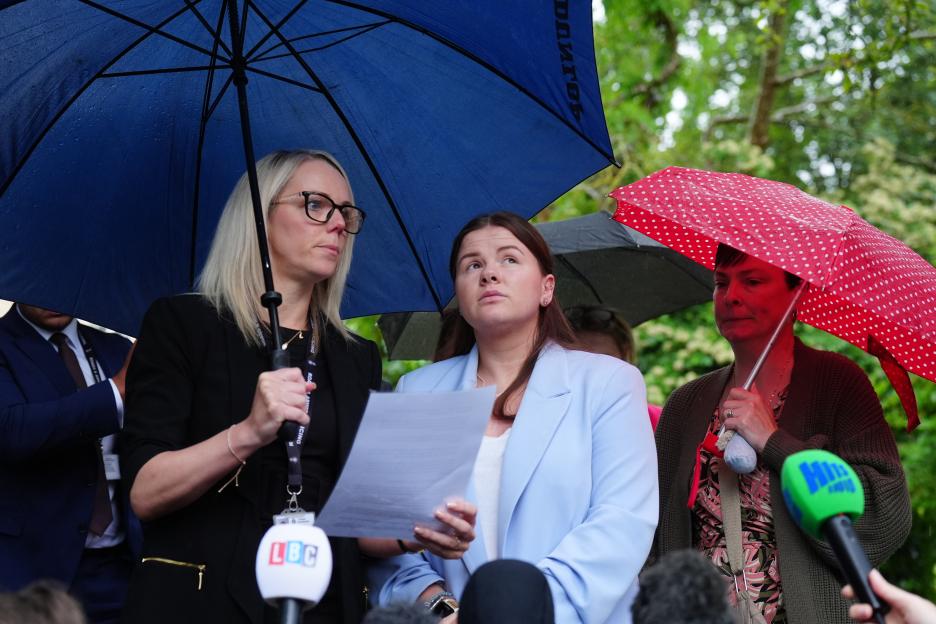 Detective Constable Natalie Horner (left) and Sharlona Warner, mother of Zackary Blades, make a statement to the media after court proceedings.