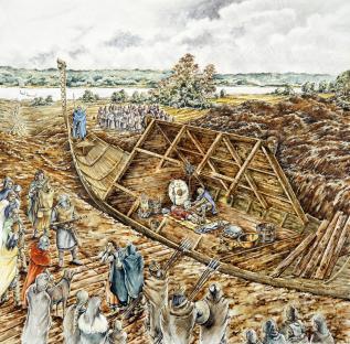 Illustration of the Sutton Hoo ship burial in 620 or 630, showing the burial of Raedwald, ruler of the East Angles.